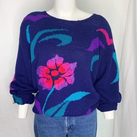 VINTAGE Lara Ferrante Floral Embroidered Purple Angora Blend Sweater - Picture 1 of 16